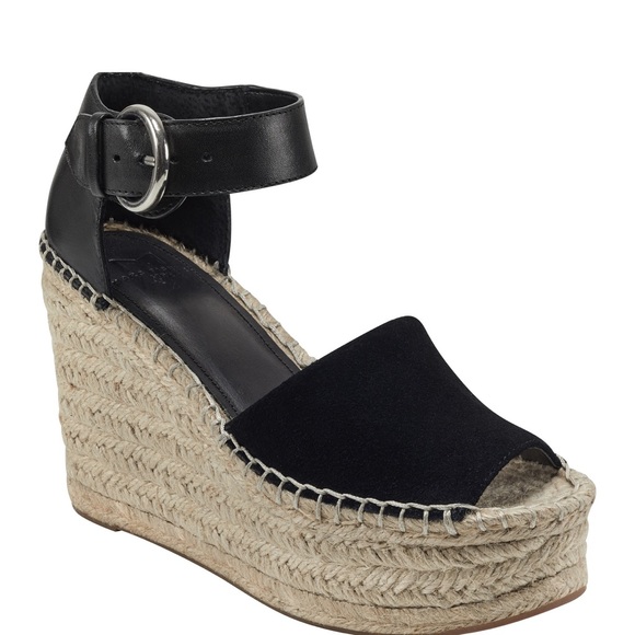 MARC FISHER Adalyn Black Leather/Suede Jute Wedge Platform Sandals 10 - Picture 3 of 13